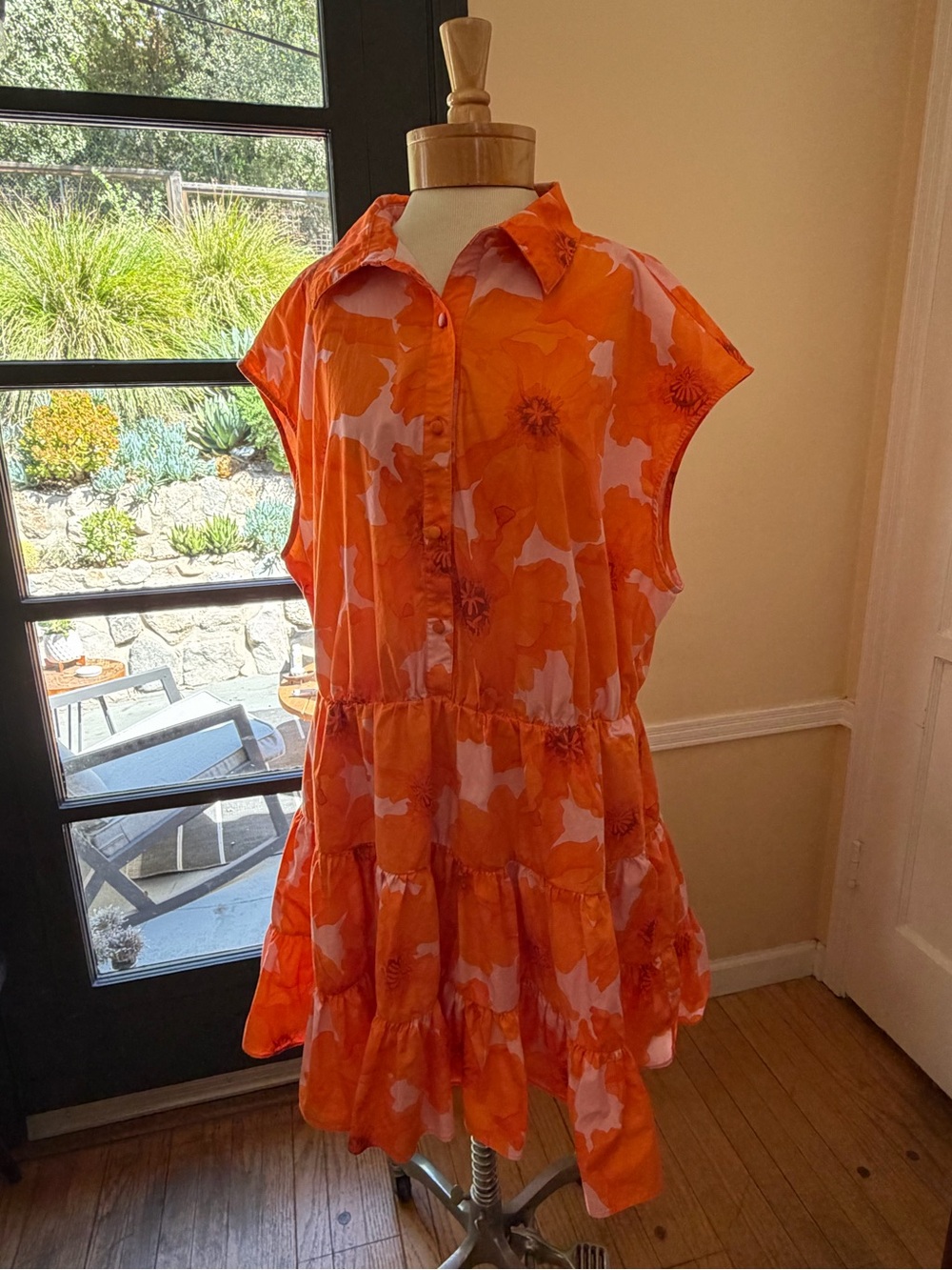 Anthropologie Bright Orange Floral Tiered Dress
